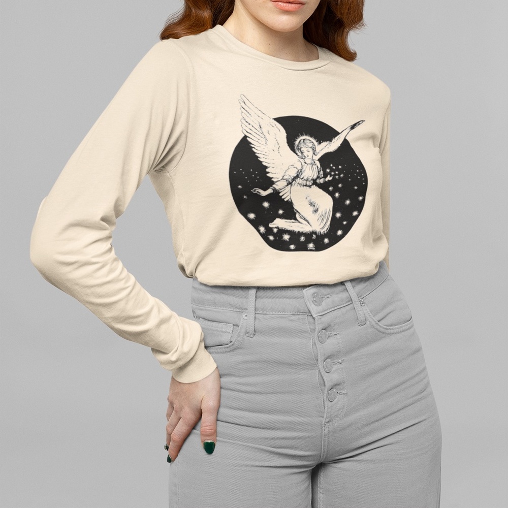 Victorian Angel and Stars Vintage Print Long Sleeve Graphic Tee T-shirt S M L XL